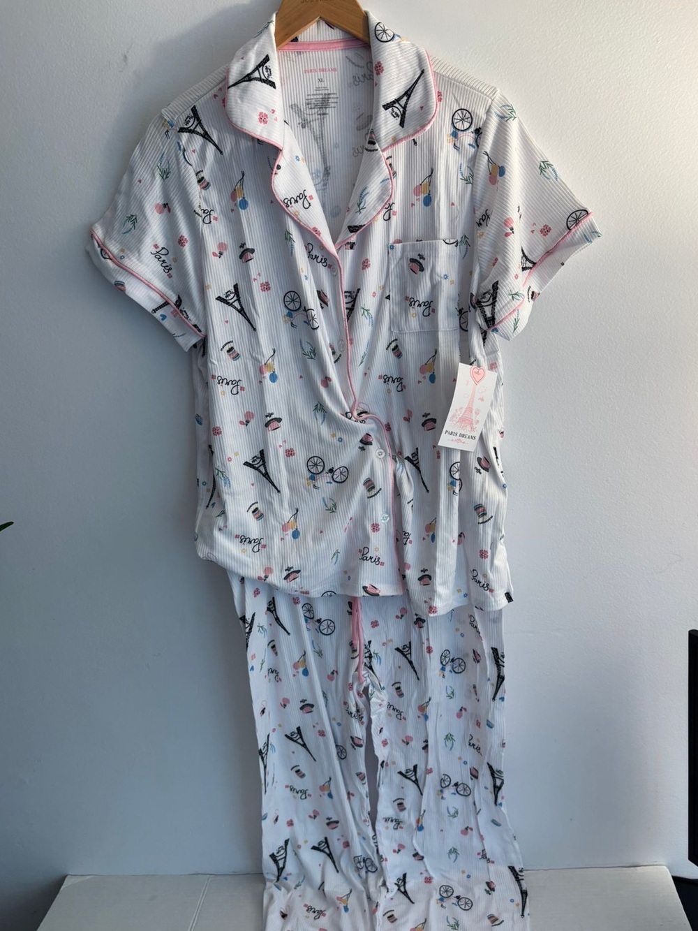 White Girls' Paris Print Short-Sleeve Pajama Set - Pink Trim